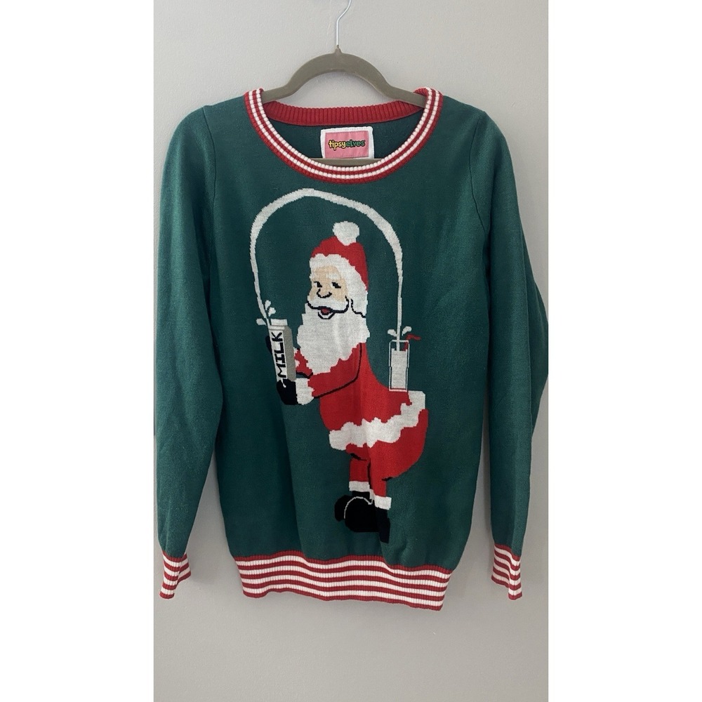 Tipsy‎ Elves Ugly Christmas Sweater Size Medium Santa With Milk Cup Holiday Fun